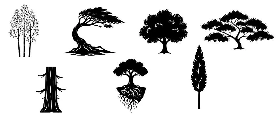 Stylized Tree Silhouette Icon Set for Creative Projects Illustrazione stock