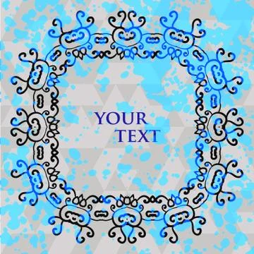 Stylized tribal ornament square frame for text with splashes of blue azure paint Stock Illustration