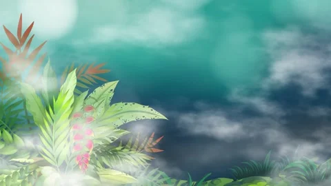Stylized Tropical Plants Drifting Forward Through a Cloudy Teal Sky Background Stock Footage 341378958