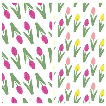 Stylized tulips Colorful Seamless pattern in trendy pink and yellow. Set if 2 Illustrazione stock