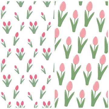 Stylized tulips Seamless pattern in trendy soft pink. Set of 2 Spring Wallpaper Illustrazione stock