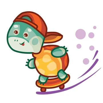 Stylized turtle in a cap rides a skateboard, cartoon illustration, isolated o Stock Illustration