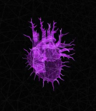 Stylized unusual glowing heart on black background Illustrazione stock