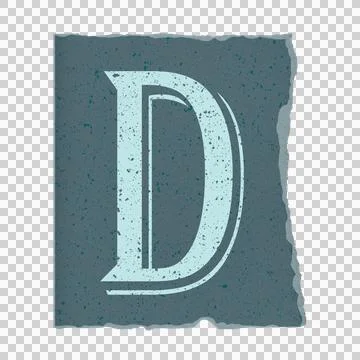 Stylized uppercase letter D is floating on torn teal square with grunge dots, Stock Illustration