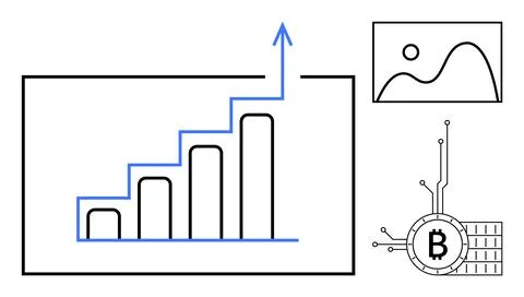 Stylized upward growth chart with blue arrow, framed landscape image, and Bit Stock Illustration
