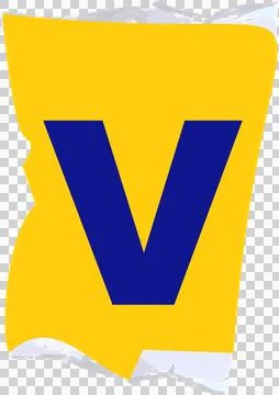 Stylized V is floating on torn yellow paper with curled edges, flat design, Stockillustratie