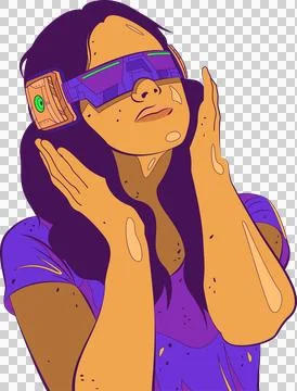 Stylized vector female figure is adjusting VR headset with neon green visor on Stock Illustration