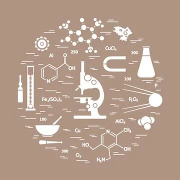 Stylized vector icon of variety scientific, education elements: microscope, f イラスト素材