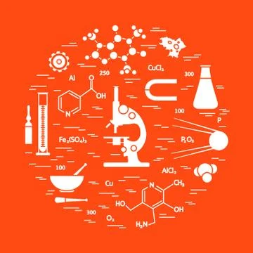 Stylized vector icon of variety scientific, education elements: microscope, f Stock Illustration