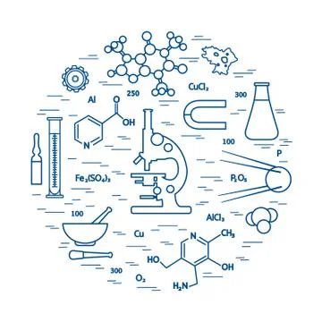 Stylized vector icon of variety scientific, education elements: microscope, f 스톡 일러스트
