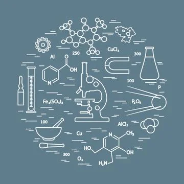 Stylized vector icon of variety scientific, education elements: microscope, f イラスト素材
