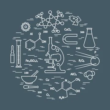 Stylized vector icon of variety scientific, education elements: microscope, f Illustrazione stock