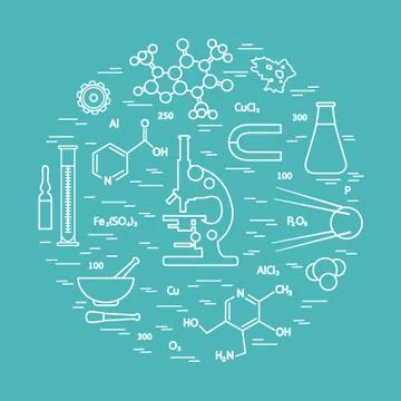 Stylized vector icon of variety scientific, education elements: microscope, f イラスト素材