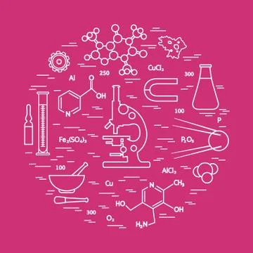 Stylized vector icon of variety scientific, education elements: microscope, f Illustrazione stock