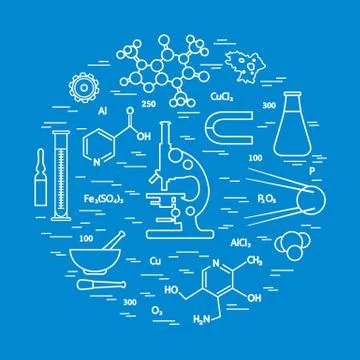 Stylized vector icon of variety scientific, education elements: microscope, f Stock Illustration