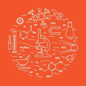 Stylized vector icon of variety scientific, education elements: microscope, f Stock Illustration