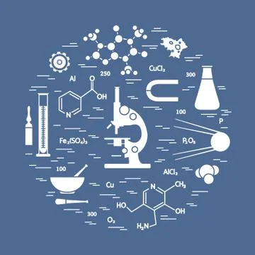 Stylized vector icon of variety scientific, education elements: microscope, f Stock Illustration