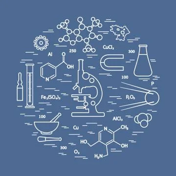 Stylized vector icon of variety scientific, education elements: microscope, f Stock Illustration