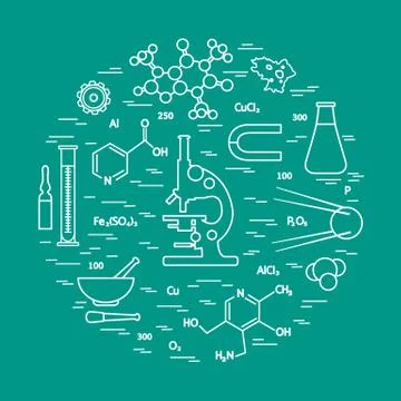 Stylized vector icon of variety scientific, education elements: microscope, f Stock Illustration