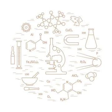 Stylized vector icon of variety scientific, education elements: microscope, f Stock Illustration