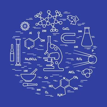Stylized vector icon of variety scientific, education elements: microscope, f Illustrazione stock