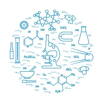 Stylized vector icon of variety scientific, education elements: microscope, f Stock Illustration
