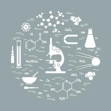 Stylized vector icon of variety scientific, education elements: microscope, f Stock Illustration
