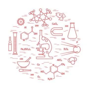 Stylized vector icon of variety scientific, education elements: microscope, f Stock Illustration