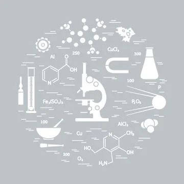 Stylized vector icon of variety scientific, education elements: microscope, f Illustrazione stock