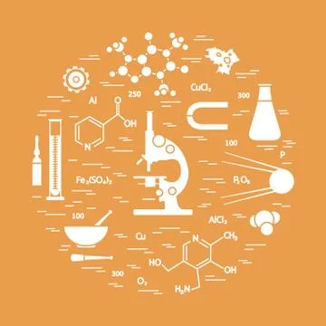 Stylized vector icon of variety scientific, education elements: microscope, f Stock Illustration