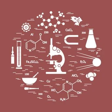 Stylized vector icon of variety scientific, education elements: microscope, f Stock Illustration