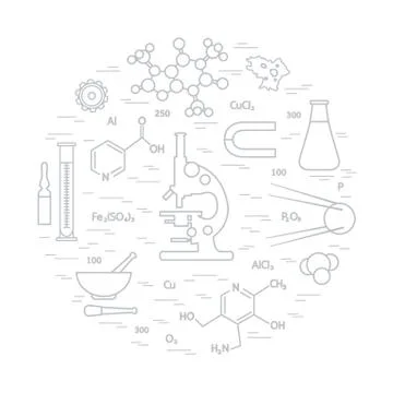 Stylized vector icon of variety scientific, education elements: microscope, f 스톡 일러스트
