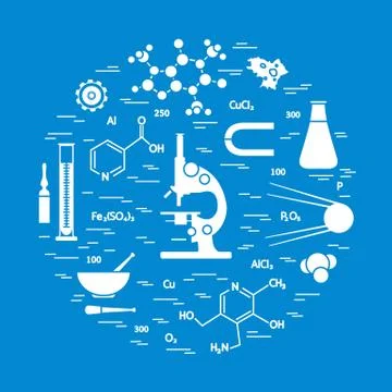 Stylized vector icon of variety scientific, education elements: microscope, f Illustrazione stock