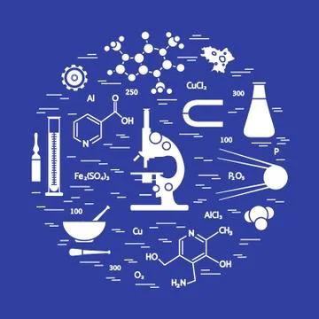 Stylized vector icon of variety scientific, education elements: microscope, f Stock Illustration