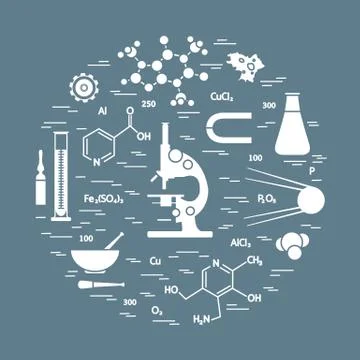 Stylized vector icon of variety scientific, education elements: microscope, f Illustrazione stock