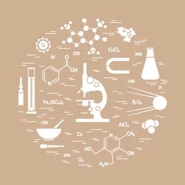 Stylized vector icon of variety scientific, education elements: microscope, f Stock Illustration