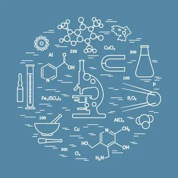 Stylized vector icon of variety scientific, education elements: microscope, f Stock Illustration