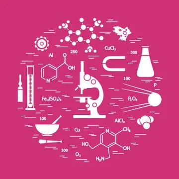 Stylized vector icon of variety scientific, education elements: microscope, f Stock Illustration