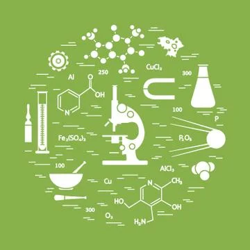 Stylized vector icon of variety scientific, education elements: microscope, f Stock Illustration