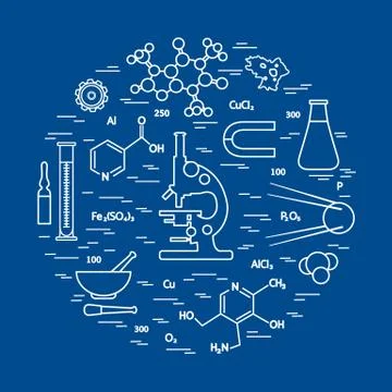 Stylized vector icon of variety scientific, education elements: microscope, f Stock Illustration