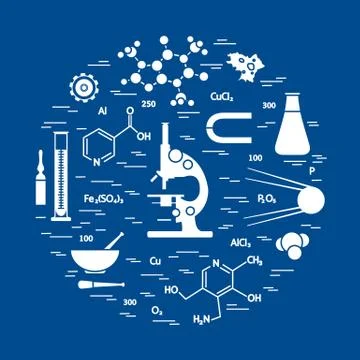 Stylized vector icon of variety scientific, education elements: microscope, f Stock Illustration