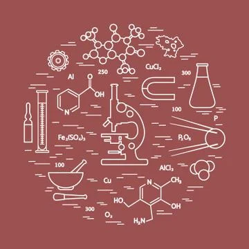 Stylized vector icon of variety scientific, education elements: microscope, f Illustrazione stock