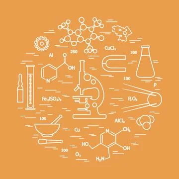 Stylized vector icon of variety scientific, education elements: microscope, f Illustrazione stock