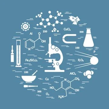 Stylized vector icon of variety scientific, education elements: microscope, f Stock Illustration
