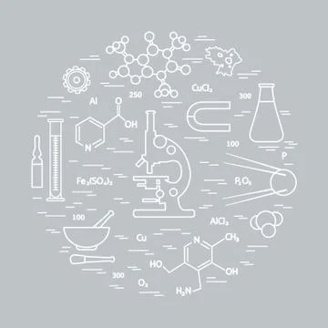 Stylized vector icon of variety scientific, education elements: microscope, f イラスト素材