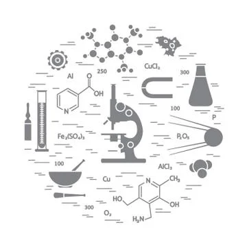 Stylized vector icon of variety scientific, education elements: microscope, f Stock Illustration
