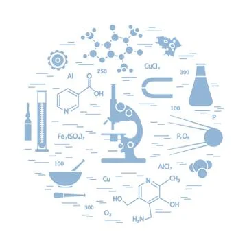 Stylized vector icon of variety scientific, education elements: microscope, f Illustrazione stock