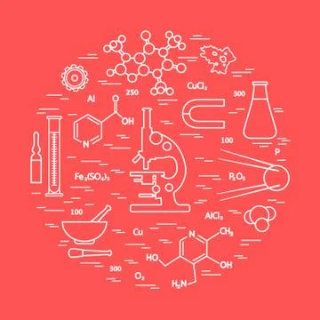 Stylized vector icon of variety scientific, education elements: microscope, f Stock Illustration
