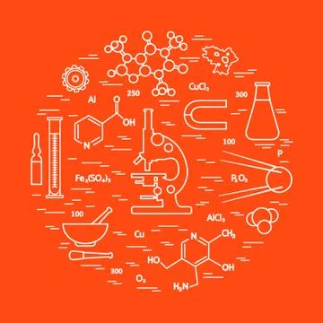 Stylized vector icon of variety scientific, education elements: microscope, f Stock Illustration