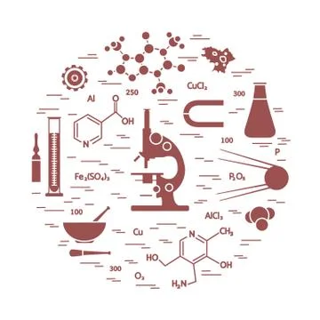 Stylized vector icon of variety scientific, education elements: microscope, f Illustrazione stock
